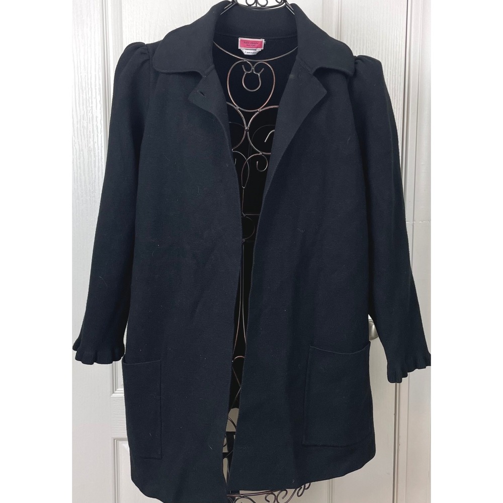Kate Spade NY Black Heavyweight Knit Coat Sweater Ruffle Cuff Cardigan Large EUC